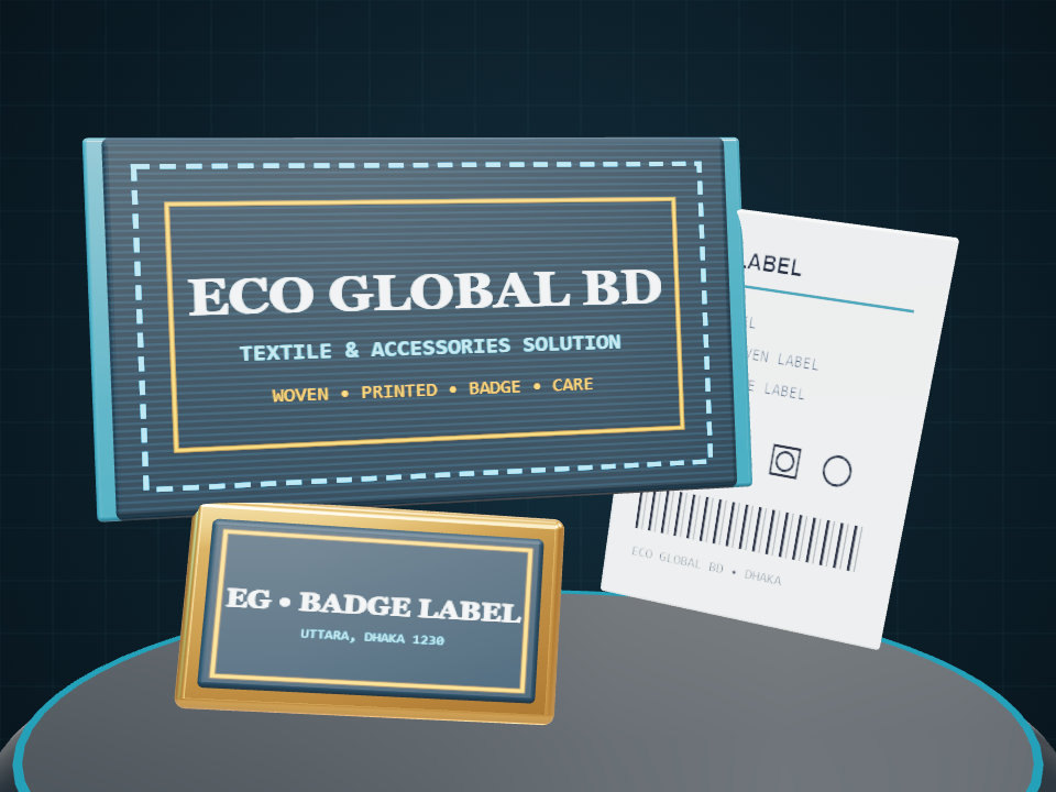 Labels category placeholder showing woven, printed woven, badge, and care label structure